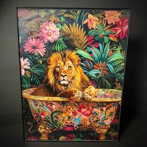 Framed Botanical Floral Cute Animal Lion In A  Bathtub Funny Art Trendy